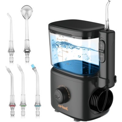 Dental Water Flosser Teeth Cleaner - Zerhunt High Frequency Pulsed Water Flosser Electric Oral Irrigator with 5 Interchangeable Nozzles for Braces, Implants, Bridges, 600ML Large Capacity Black